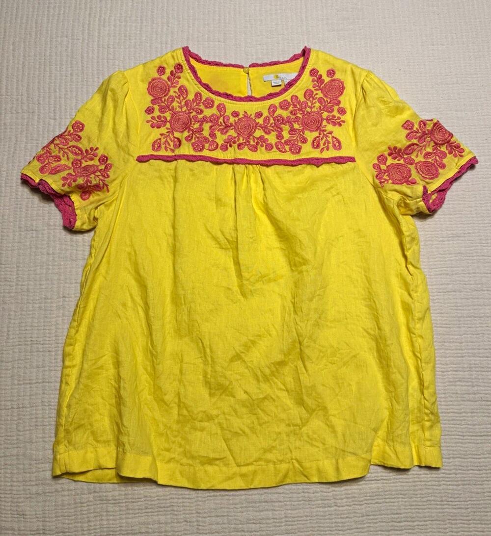 Boden Yellow Pink Floral Embroidered Linen Cotton Blouse 12 Euro Summer Dopamine